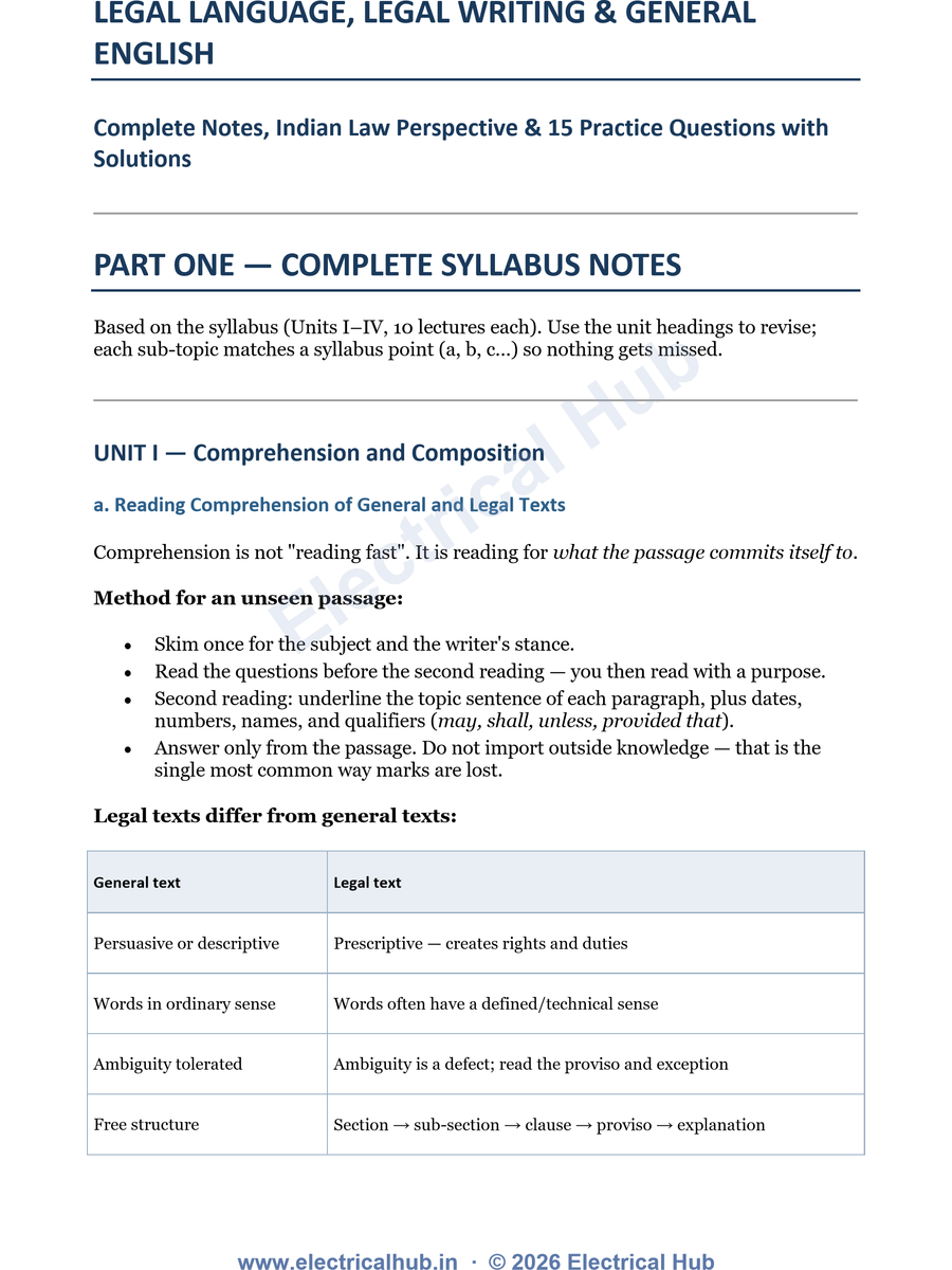 Cover of Legal Language, Legal Writing and General English — Complete Notes